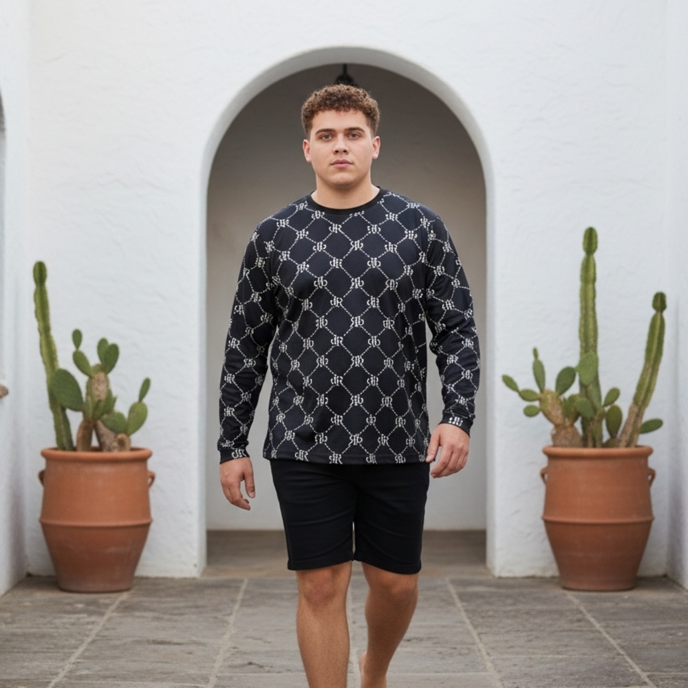 Black Patterned Long Sleeve Men's Shirt, Size XXL